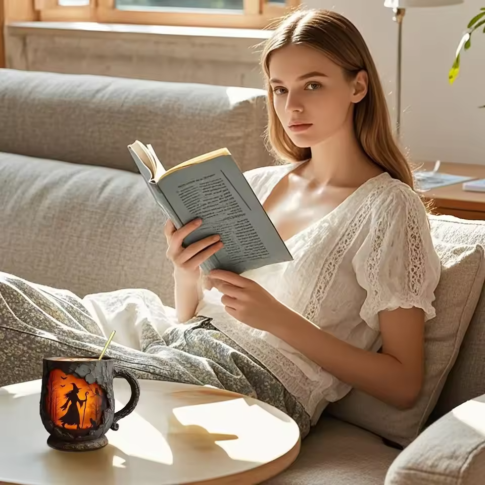 Artisan 3D Halloween Mug โ Featuring Witch and Cat Design