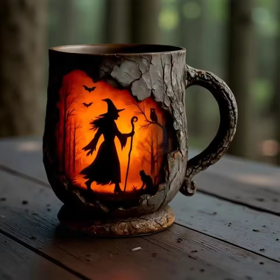 Artisan 3D Halloween Mug โ Featuring Witch and Cat Design
